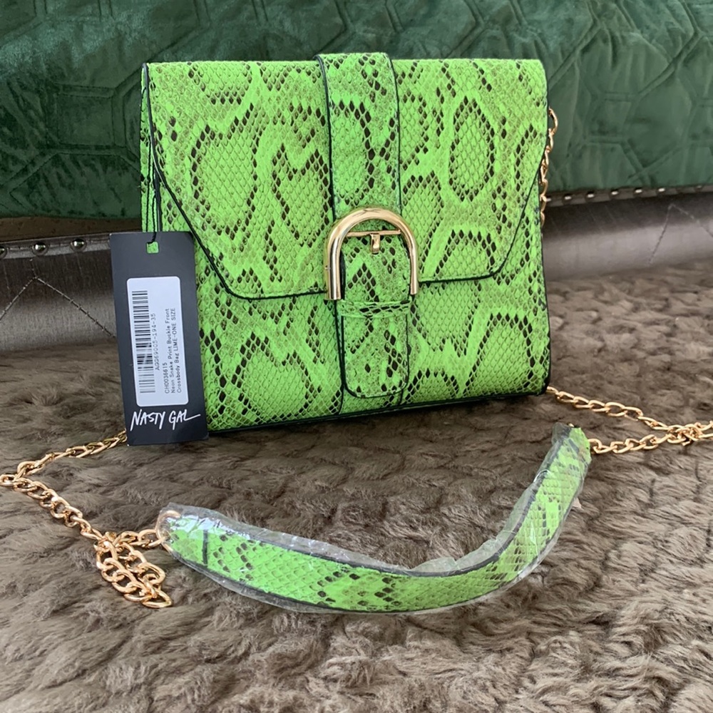 Nasty Gal Neon Green Snakeskin Crossbody Bag with Gold Chain
